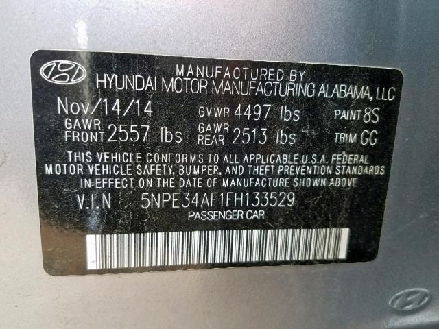 5NPE34AF1FH133529 - 2015 HYUNDAI SONATA SPO GRAY photo 10