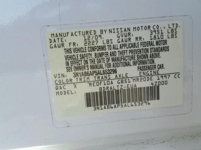 3N1AB6AP5AL653296 - 2010 NISSAN SENTRA 2.0 WHITE photo 10