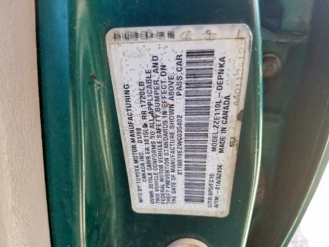 2T1BR18E2WC035402 - 1998 TOYOTA COROLLA VE GREEN photo 10