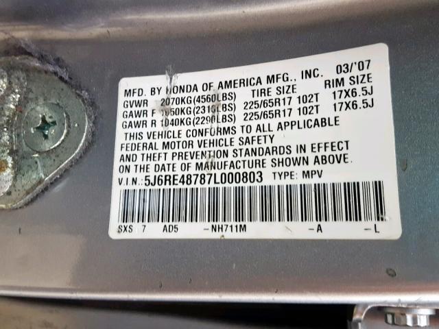 5J6RE48787L000803 - 2007 HONDA CR-V EXL GRAY photo 10