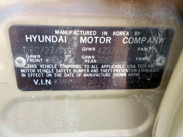 KMHWF25S32A602267 - 2002 HYUNDAI SONATA GL GOLD photo 10