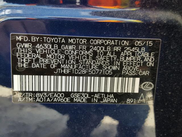 JTHBF1D28F5077105 - 2015 LEXUS IS 250 BLUE photo 10