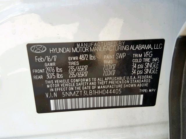 5NMZT3LB1HH044405 - 2017 HYUNDAI SANTA FE S WHITE photo 10