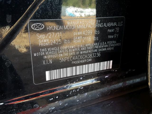 5NPEC4AC6CH383236 - 2012 HYUNDAI SONATA SE BLACK photo 10