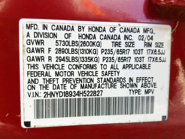 2HNYD18934H522827 - 2004 ACURA MDX TOURIN RED photo 10