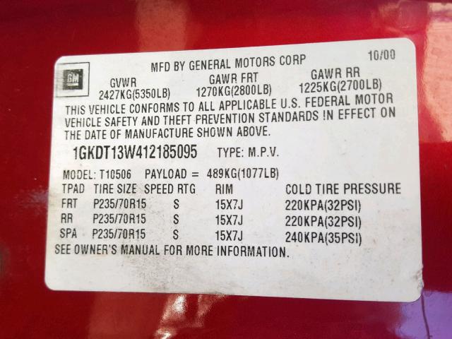 1GKDT13W412185095 - 2001 GMC JIMMY RED photo 10