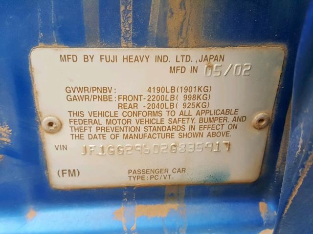 JF1GG29602G835917 - 2002 SUBARU IMPREZA WR BLUE photo 10