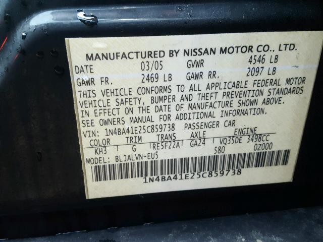 1N4BA41E25C859738 - 2005 NISSAN MAXIMA SE BLACK photo 10