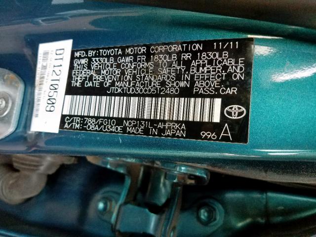 JTDKTUD30CD512480 - 2012 TOYOTA YARIS BLUE photo 10