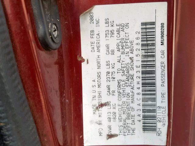 4A3AC84H23E152862 - 2003 MITSUBISHI ECLIPSE GT MAROON photo 10