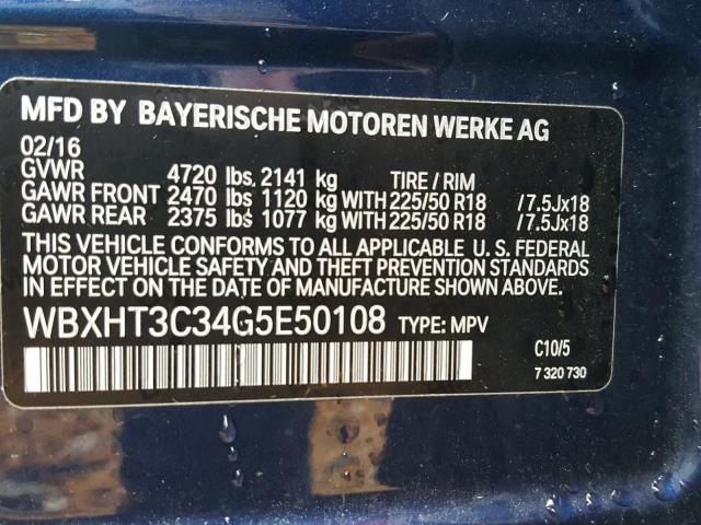 WBXHT3C34G5E50108 - 2016 BMW X1 XDRIVE2 BLUE photo 10