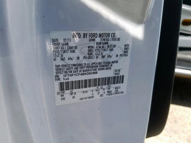 1FTNF1CF4BKD83488 - 2011 FORD F150 WHITE photo 10