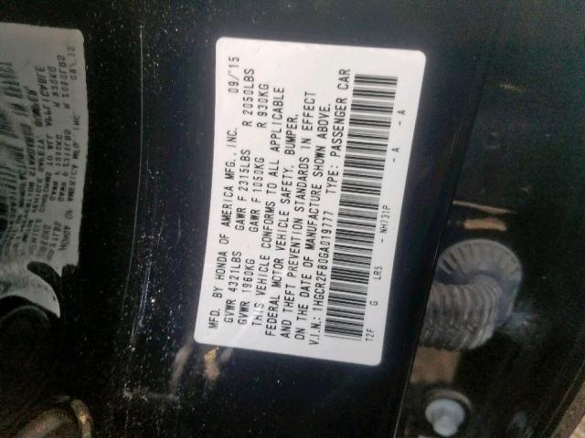 1HGCR2F80GA019777 - 2016 HONDA ACCORD EXL BLACK photo 10