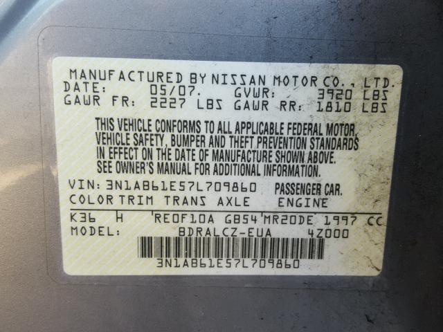 3N1AB61E57L709860 - 2007 NISSAN SENTRA 2.0 SILVER photo 10