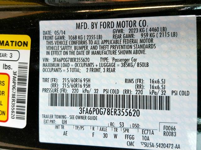 3FA6P0G78ER355620 - 2014 FORD FUSION S BLACK photo 10