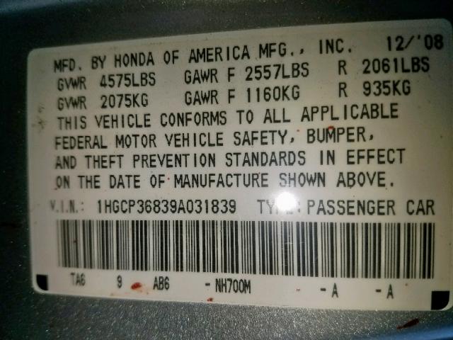 1HGCP36839A031839 - 2009 HONDA ACCORD EXL SILVER photo 10