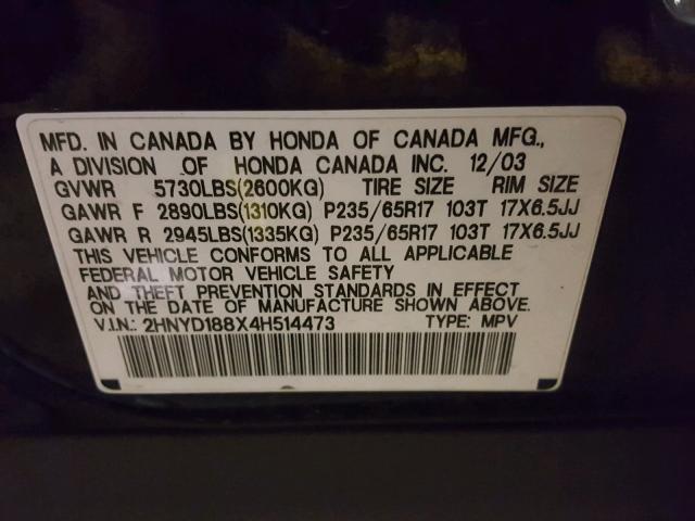 2HNYD188X4H514473 - 2004 ACURA MDX TOURIN BLACK photo 10