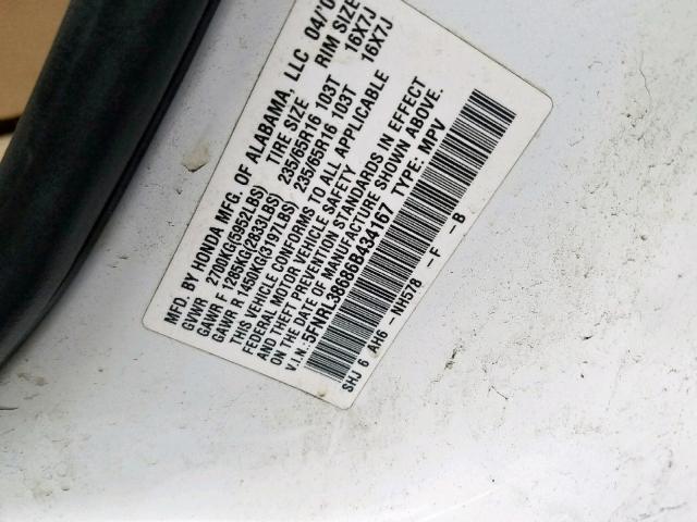 5FNRL38686B434167 - 2006 HONDA ODYSSEY EX WHITE photo 10