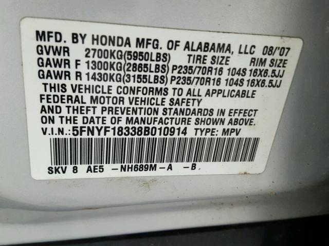 5FNYF18338B010914 - 2008 HONDA PILOT SE SILVER photo 10