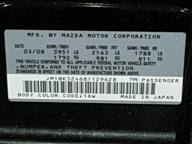 JM1BK324681129628 - 2008 MAZDA 3 S BLACK photo 10