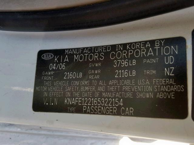 KNAFE122165322154 - 2006 KIA NEW SPECTR WHITE photo 10