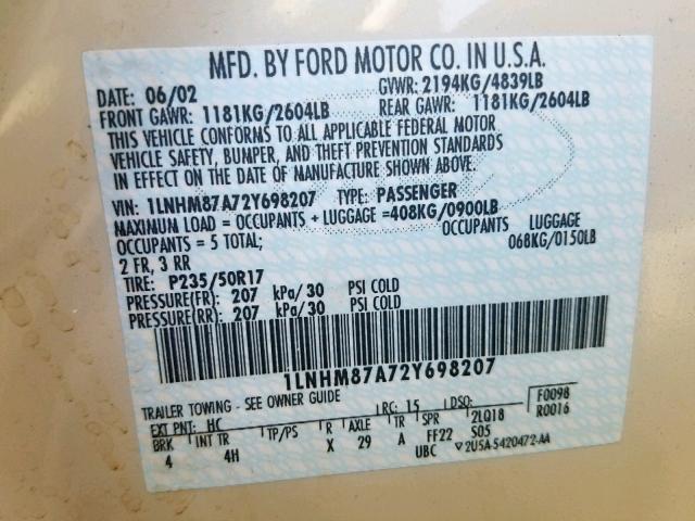 1LNHM87A72Y698207 - 2002 LINCOLN LS 奶油色 照片 10