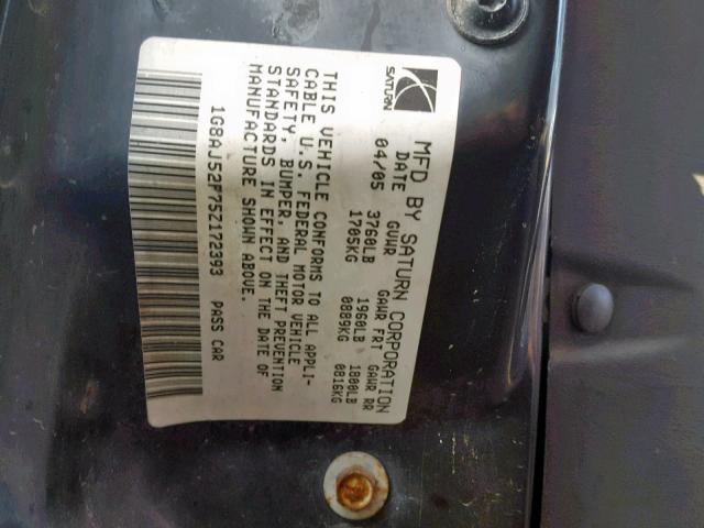 1G8AJ52F75Z172393 - 2005 SATURN ION LEVEL GRAY photo 10