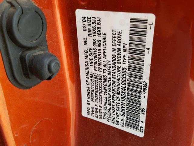 5J6YH185X4L003505 - 2004 HONDA ELEMENT EX ORANGE photo 10