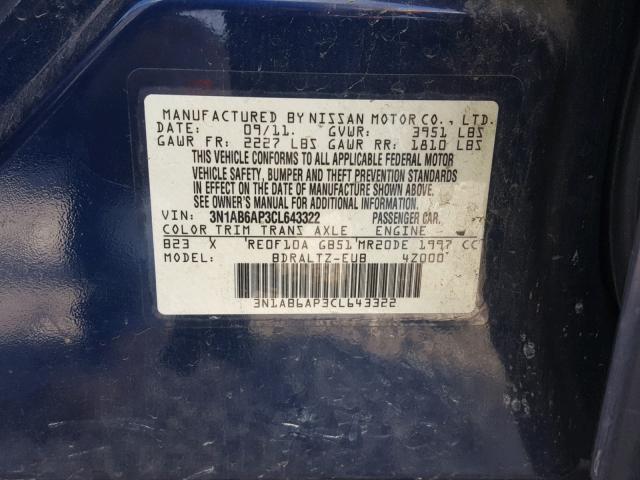 3N1AB6AP3CL643322 - 2012 NISSAN SENTRA 2.0 BLUE photo 10