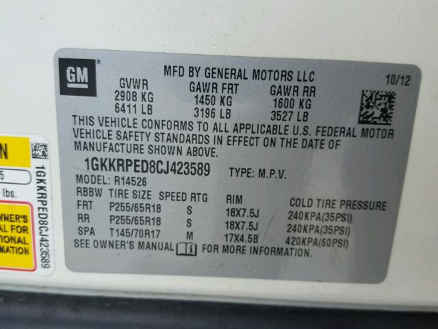 1GKKRPED8CJ423589 - 2012 GMC ACADIA SLE WHITE photo 10