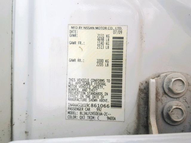 1N4AA51E19C861066 - 2009 NISSAN MAXIMA S WHITE photo 10