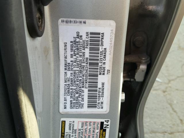 2T1KR32E24C314298 - 2004 TOYOTA COROLLA MA SILVER photo 10