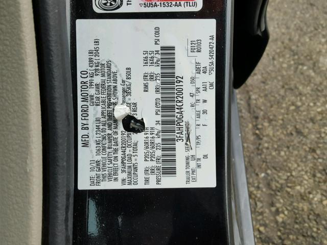 3FAHP0GA4CR200192 - 2012 FORD FUSION S BLACK photo 10