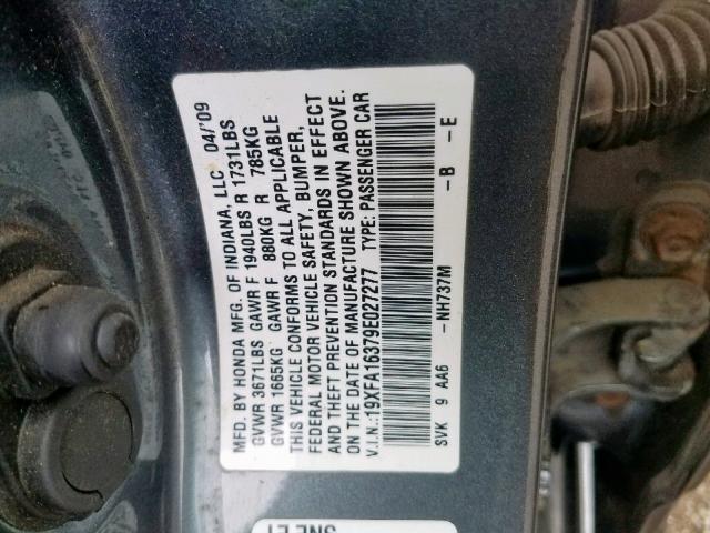 19XFA16379E027277 - 2009 HONDA CIVIC VP GRAY photo 10