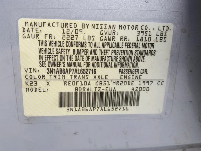 3N1AB6AP7AL652716 - 2010 NISSAN SENTRA 2.0 SILVER photo 10