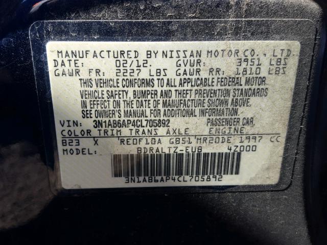 3N1AB6AP4CL705892 - 2012 NISSAN SENTRA 2.0 BLUE photo 10