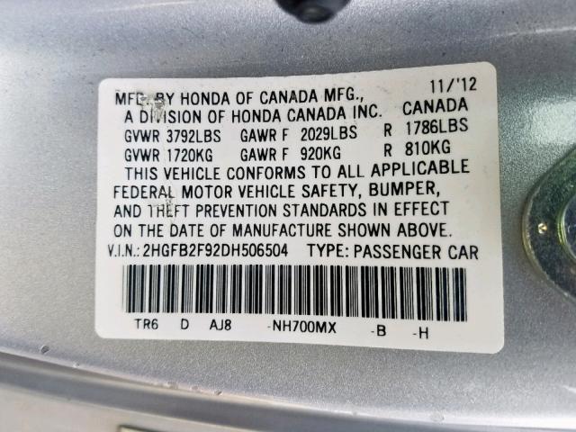 2HGFB2F92DH506504 - 2013 HONDA CIVIC EXL Gümüş foto 10