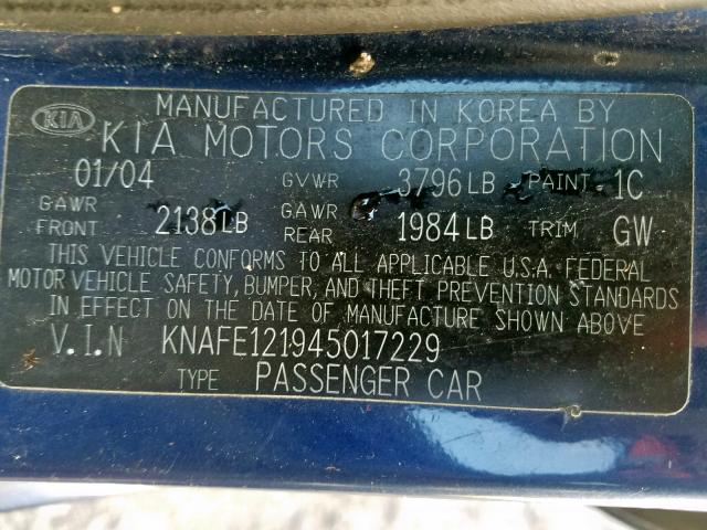 KNAFE121945017229 - 2004 KIA SPECTRA LX BLUE photo 10