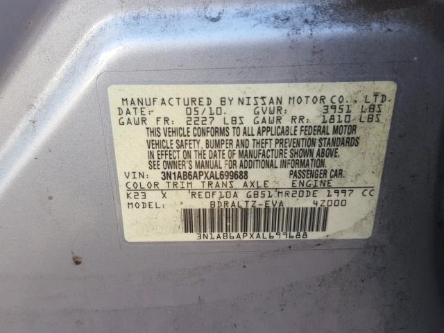 3N1AB6APXAL699688 - 2010 NISSAN SENTRA 2.0 SILVER photo 10