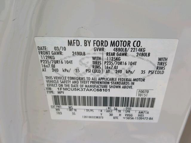 1FMCU5K37AKC68101 - 2010 FORD ESCAPE HYB WHITE photo 10