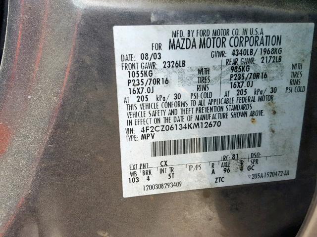 4F2CZ06134KM12670 - 2004 MAZDA TRIBUTE ES 灰色 照片 10