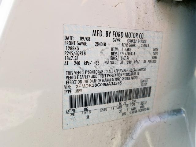 2FMDK38C09BA34345 - 2009 FORD EDGE SEL WHITE photo 10