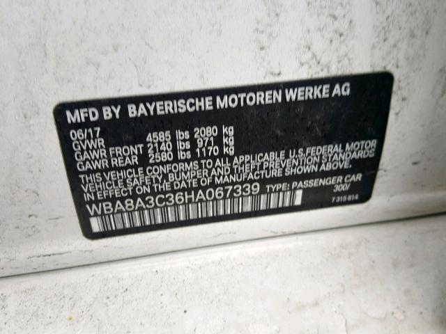 WBA8A3C36HA067339 - 2017 BMW 320 XI WHITE photo 10