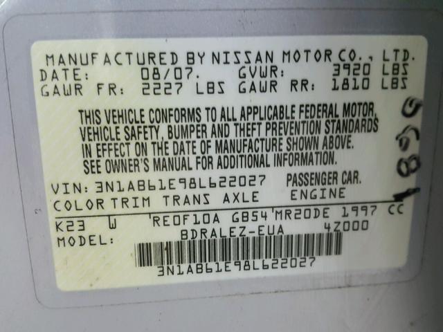 3N1AB61E98L622027 - 2008 NISSAN SENTRA 2.0 SILVER photo 10