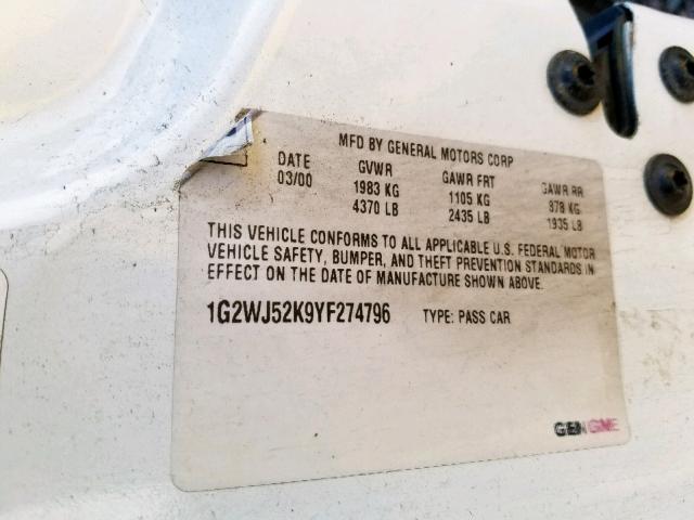 1G2WJ52K9YF274796 - 2000 PONTIAC GRAND PRIX WHITE photo 10
