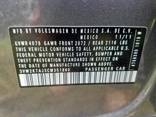 3VW2K7AJ3CM351860 - 2012 VOLKSWAGEN JETTA BASE GRAY photo 10