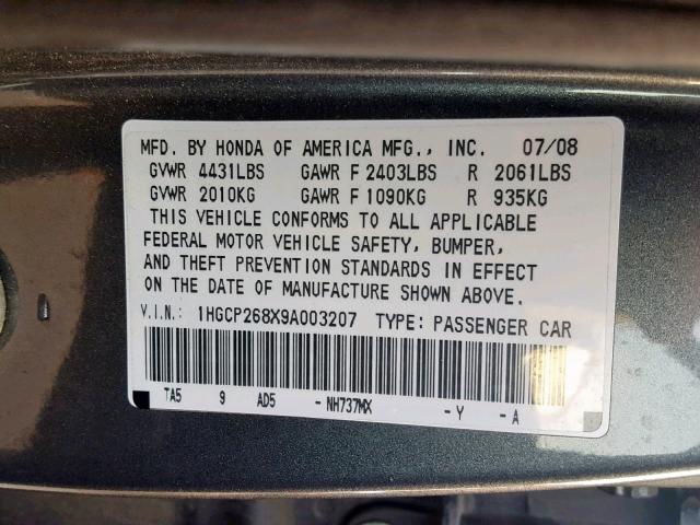 1HGCP268X9A003207 - 2009 HONDA ACCORD EXL GRAY photo 10