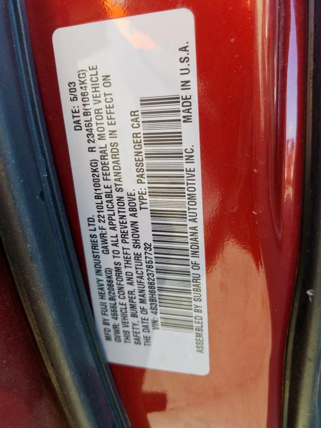 4S3BH686237657732 - 2003 SUBARU LEGACY OUT RED photo 10