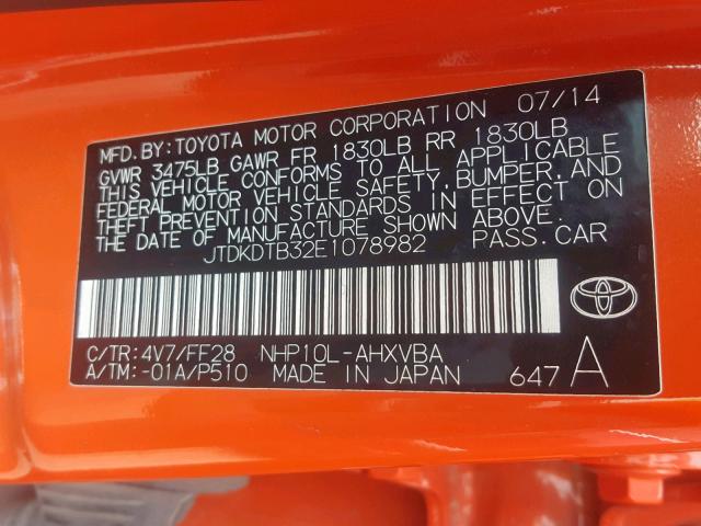 JTDKDTB32E1078982 - 2014 TOYOTA PRIUS C ORANGE photo 10