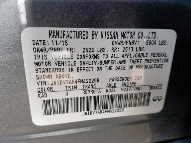 JN1BV7AR4FM422258 - 2015 INFINITI Q50 BASE CHARCOAL photo 10